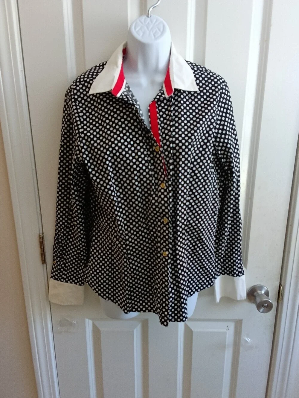 ANNE KLEIN Black Polka Dot Blouse with Red Trim SIZE 14 - Picture 3 of 7